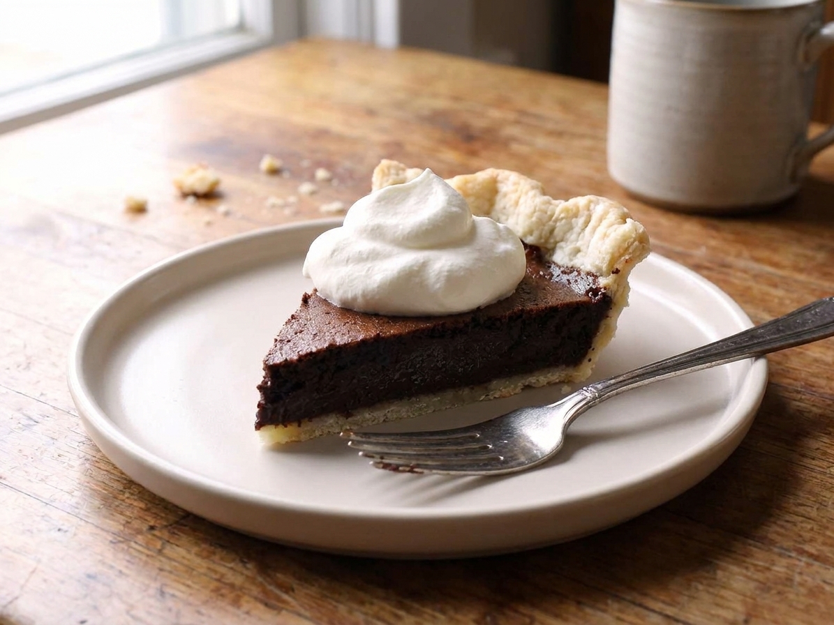 A slice of chocolate chess pie topped with a spoonful of whipped cream on a small plate with a fork beside it