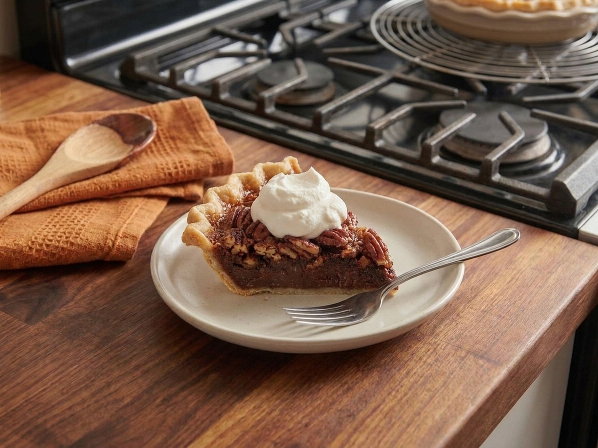 A slice of chocolate pecan pie on a plate with a dollop of whipped cream