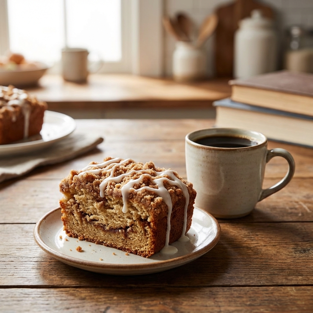 A slice of cinnamon coffee cake on a small plate with a cup of coffee nearby
