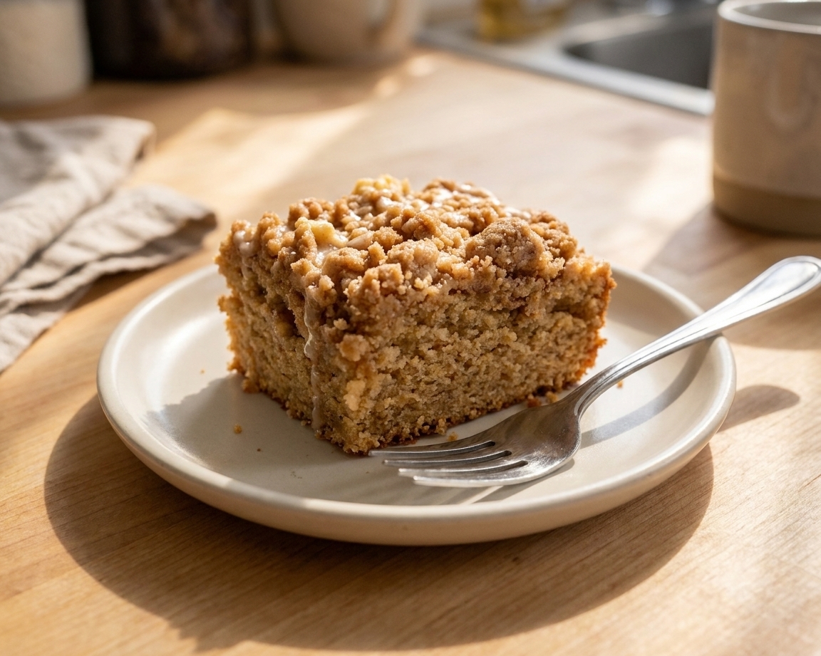 A slice of cinnamon streusel coffee cake on a small plate with a fork beside it on a wooden table, warm morning kitchen lighting