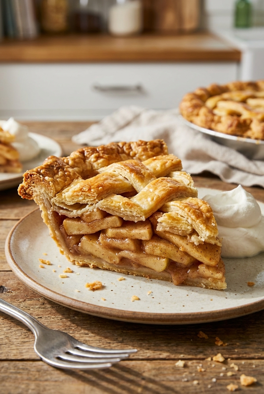 A slice of classic apple pie with a flaky crust on a plate