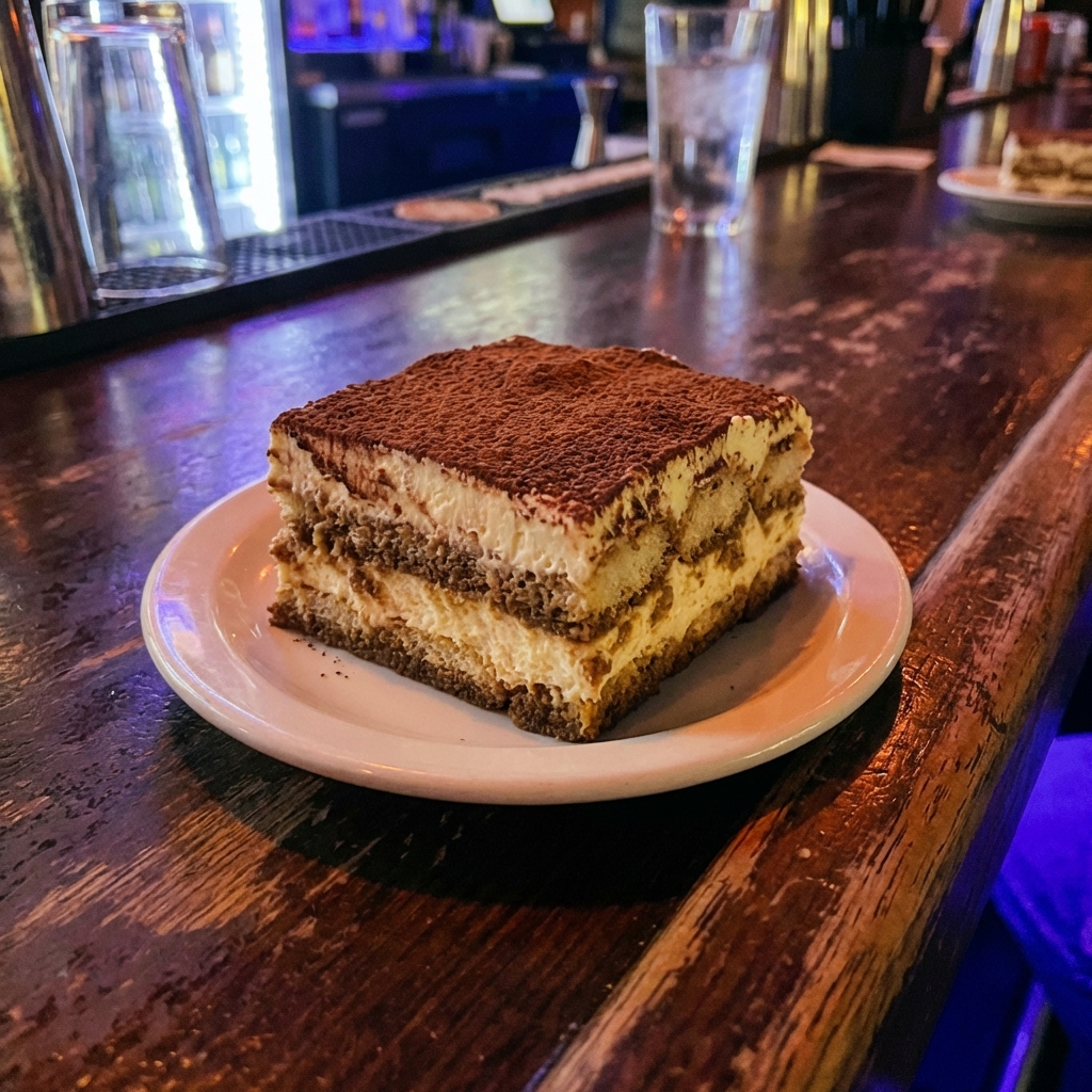 A slice of classic-style tiramisu on a white dessert plate with cocoa dusting and visible layers of mascarpone cream and coffee-soaked ladyfingers