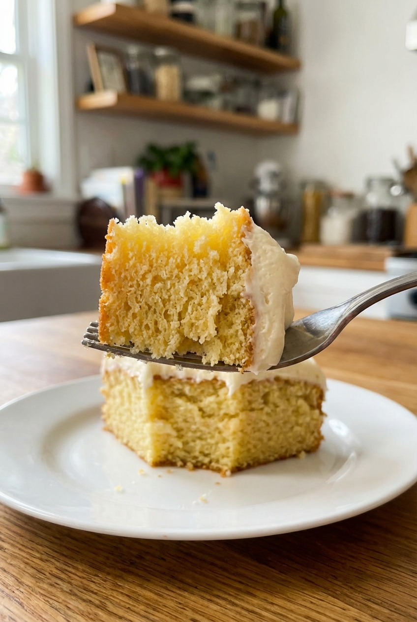 A slice of classic vanilla sheet cake on a fork