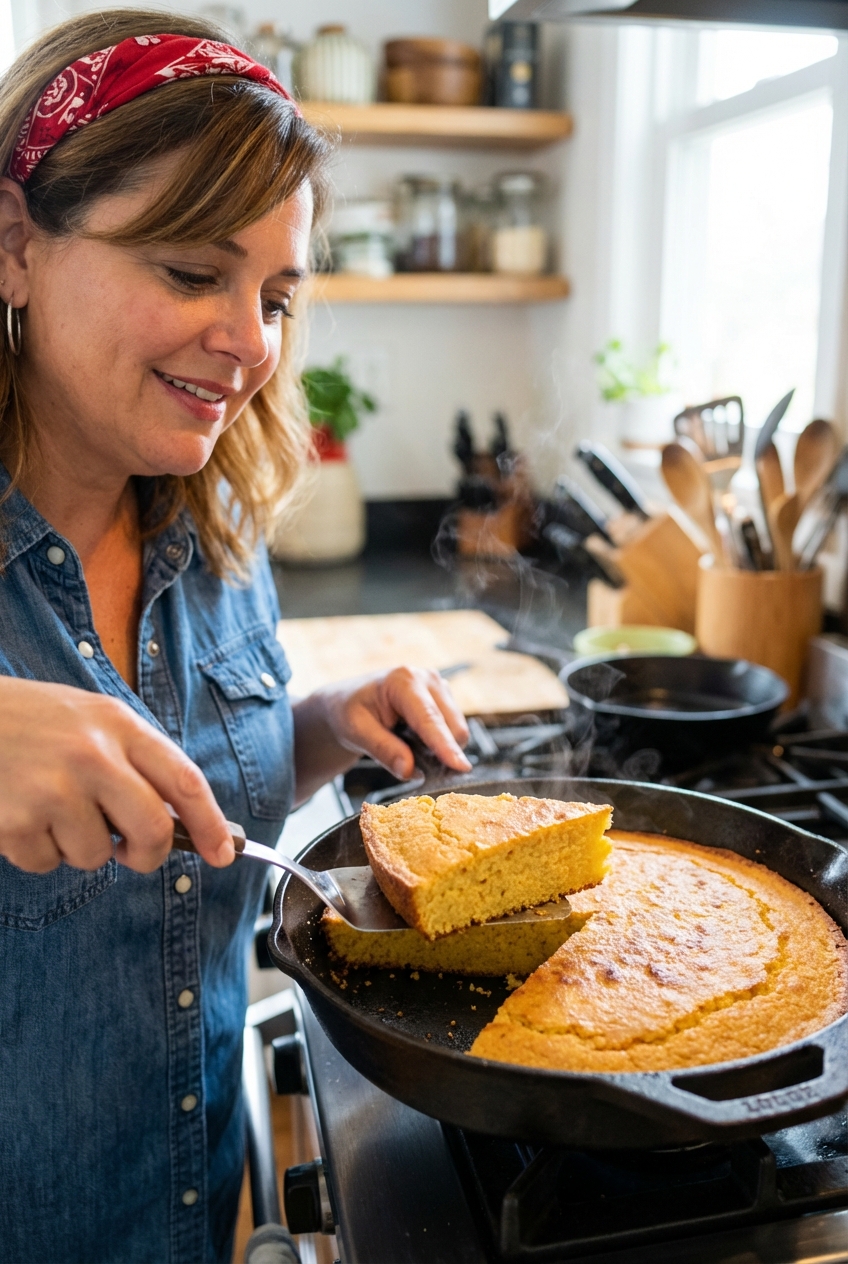 A slice of cornbread being lifted from a cast iron skillet with a spatula