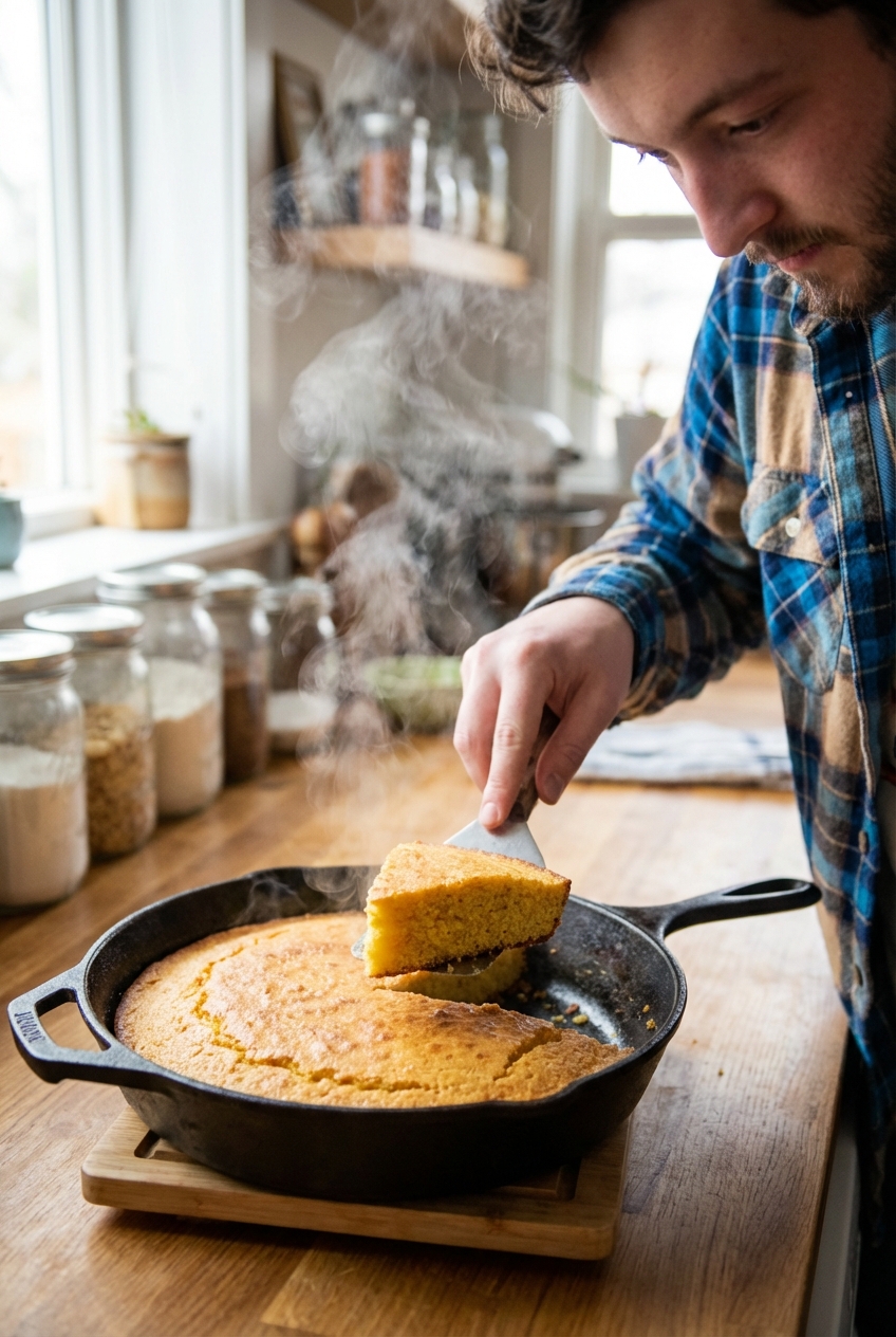 A slice of cornbread being lifted from a skillet with steam rising