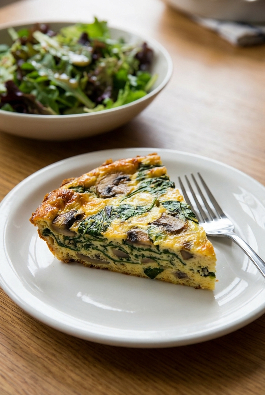 A slice of crustless quiche on a plate with a fork next to it and a simple green salad in the background