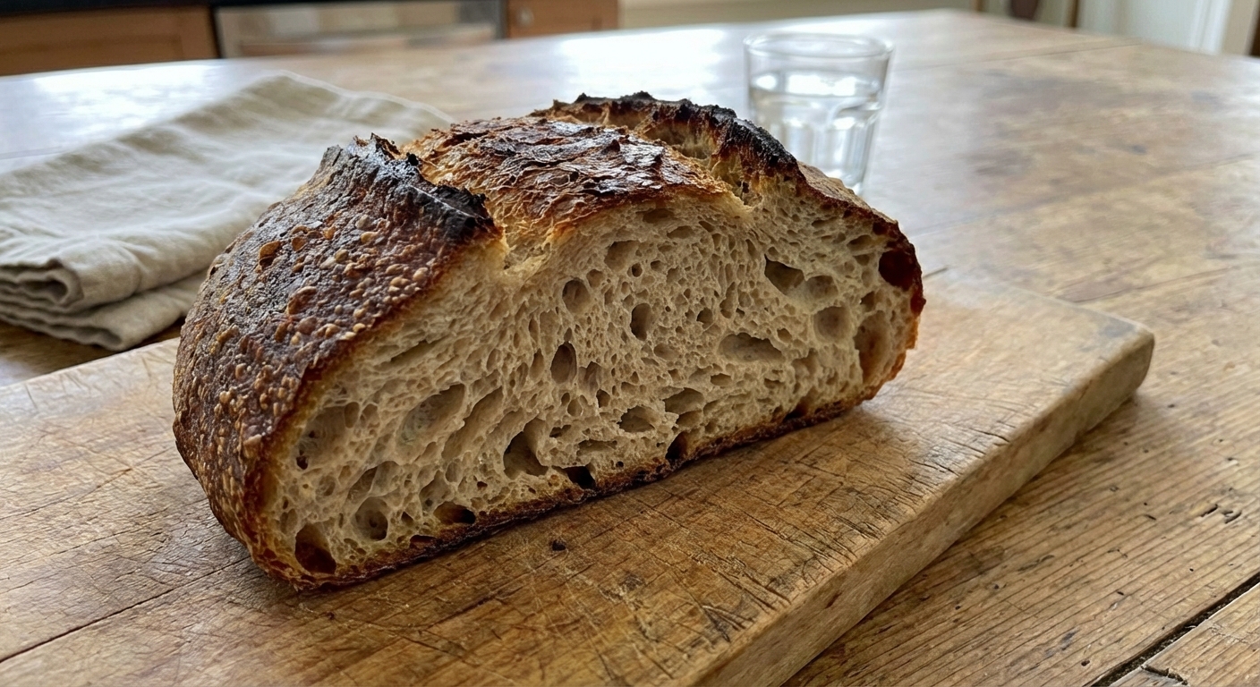 A slice of crusty bread with a browned, crisp exterior resting on a cutting board