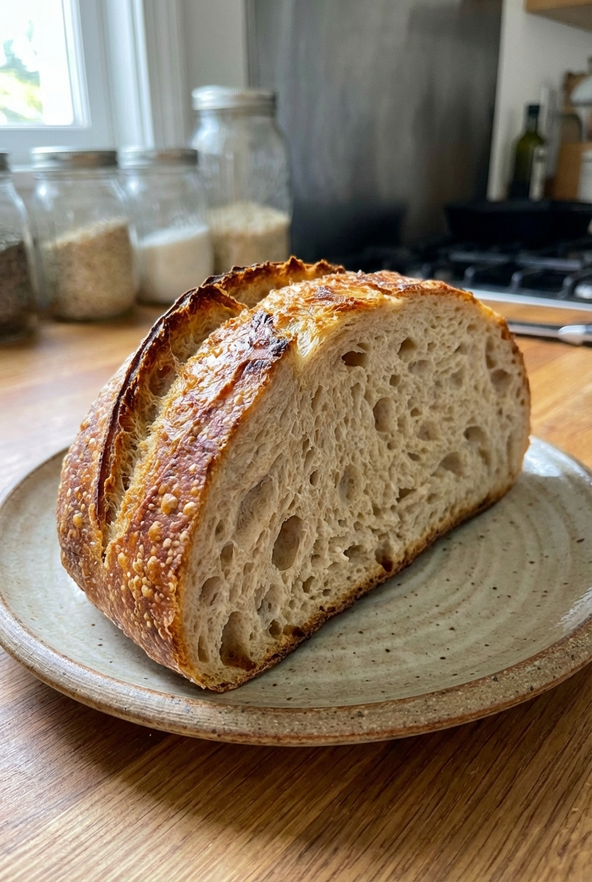 A slice of crusty bread with a golden browned edge on a plate