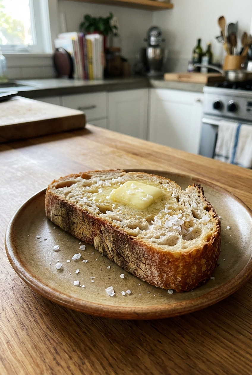 A slice of crusty bread with butter and flaky salt on a small plate