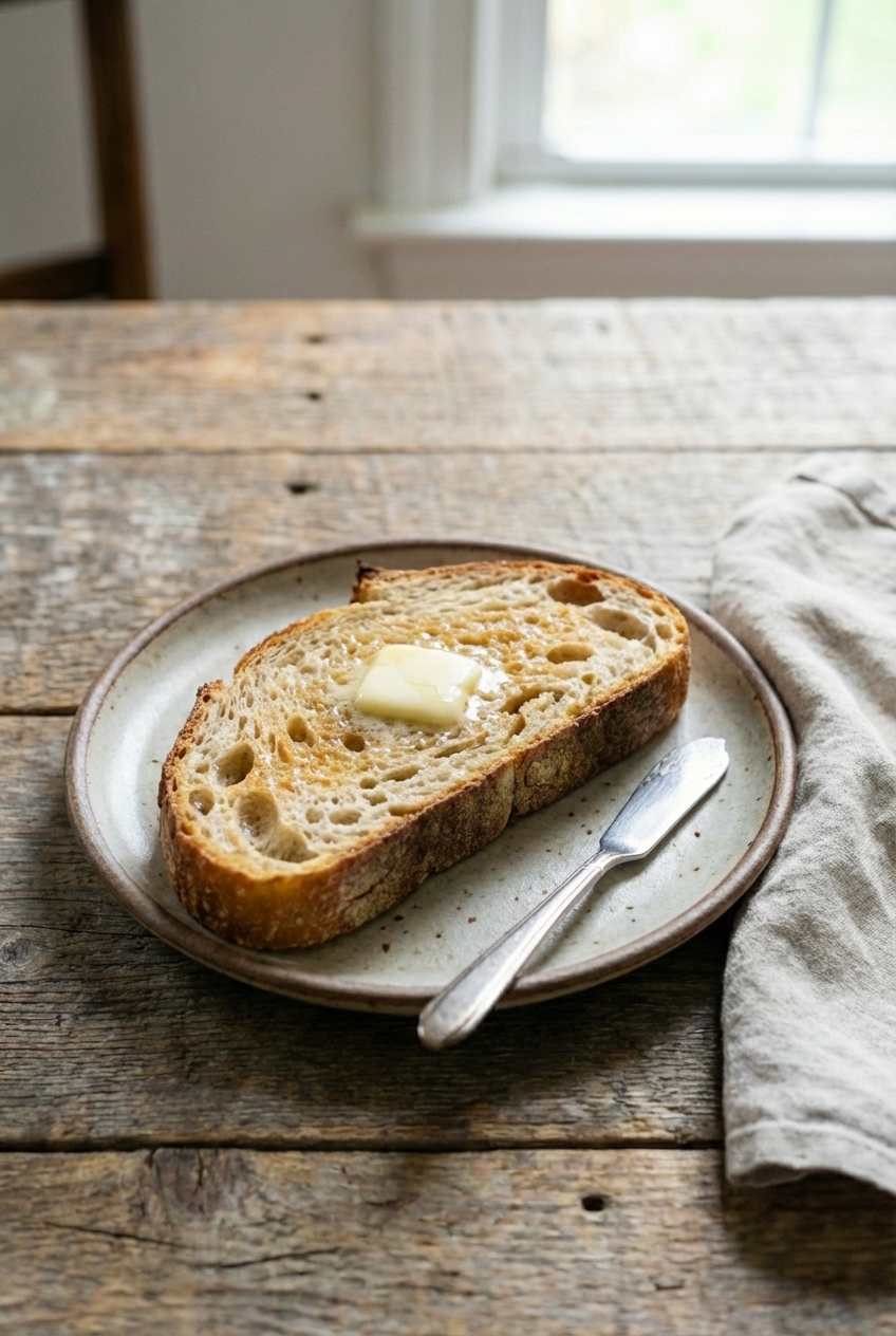 A slice of crusty sourdough bread with butter on a small plate