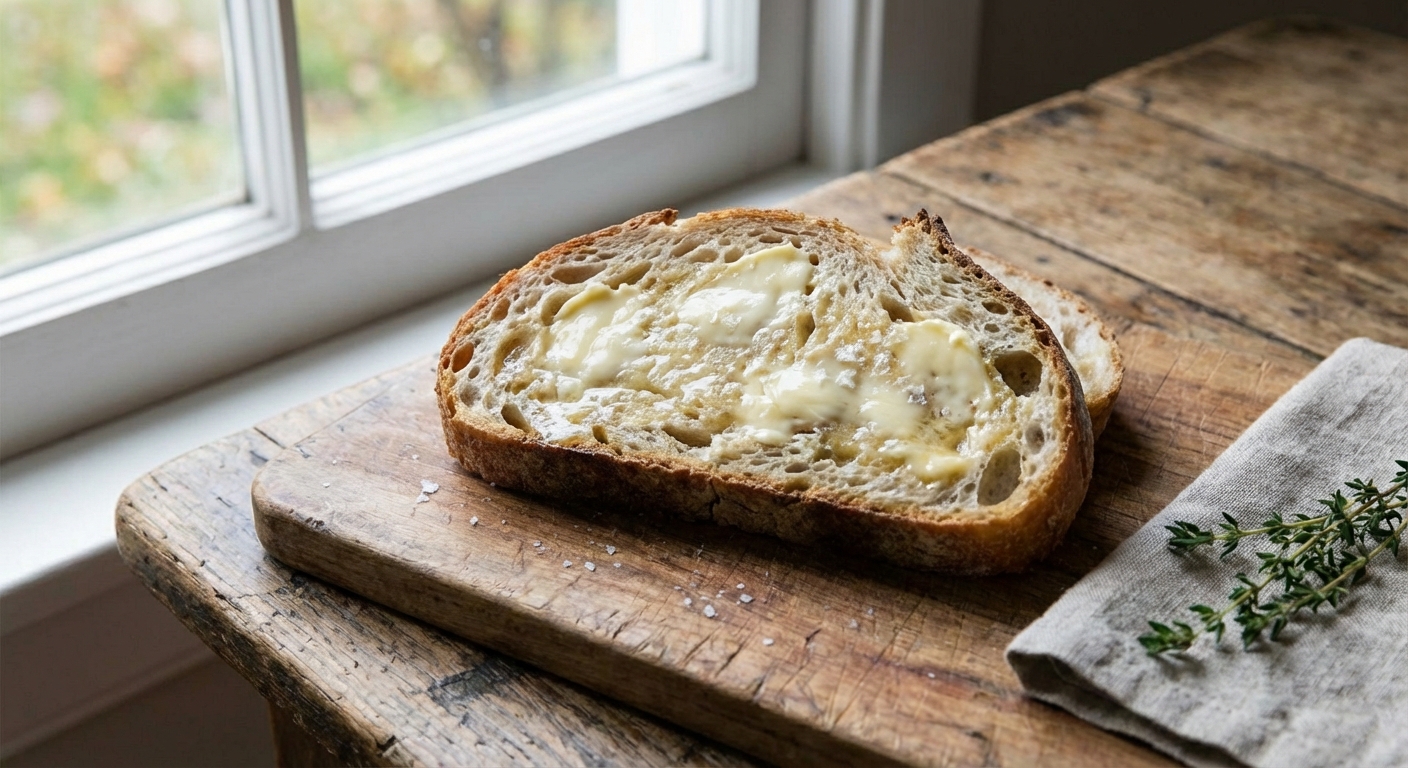 A slice of crusty sourdough bread with butter on a wooden board