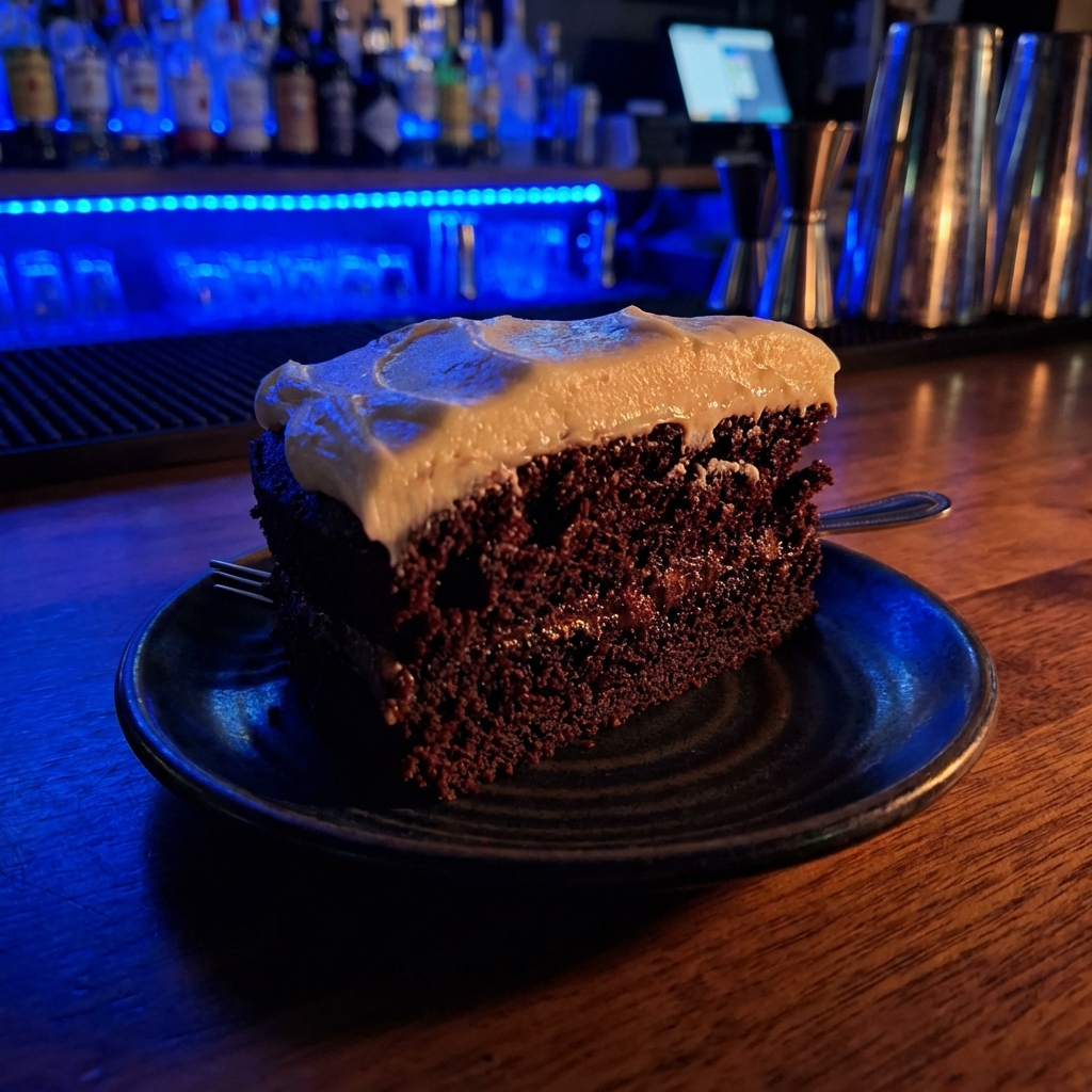 A slice of dark chocolate stout cake with a creamy frosting
