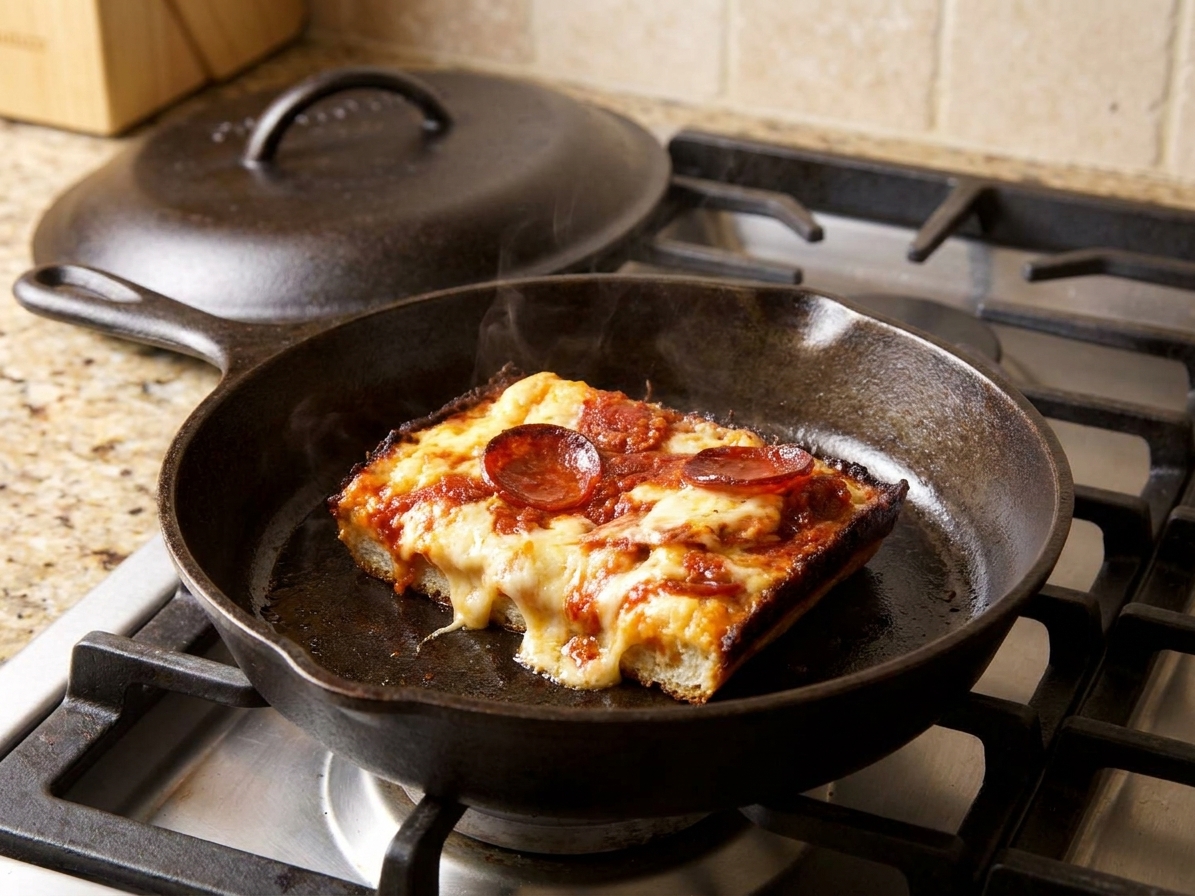 A slice of deep pan pizza reheating in a cast iron skillet with a lid nearby on a stovetop, cheese melting and crust edges crisping