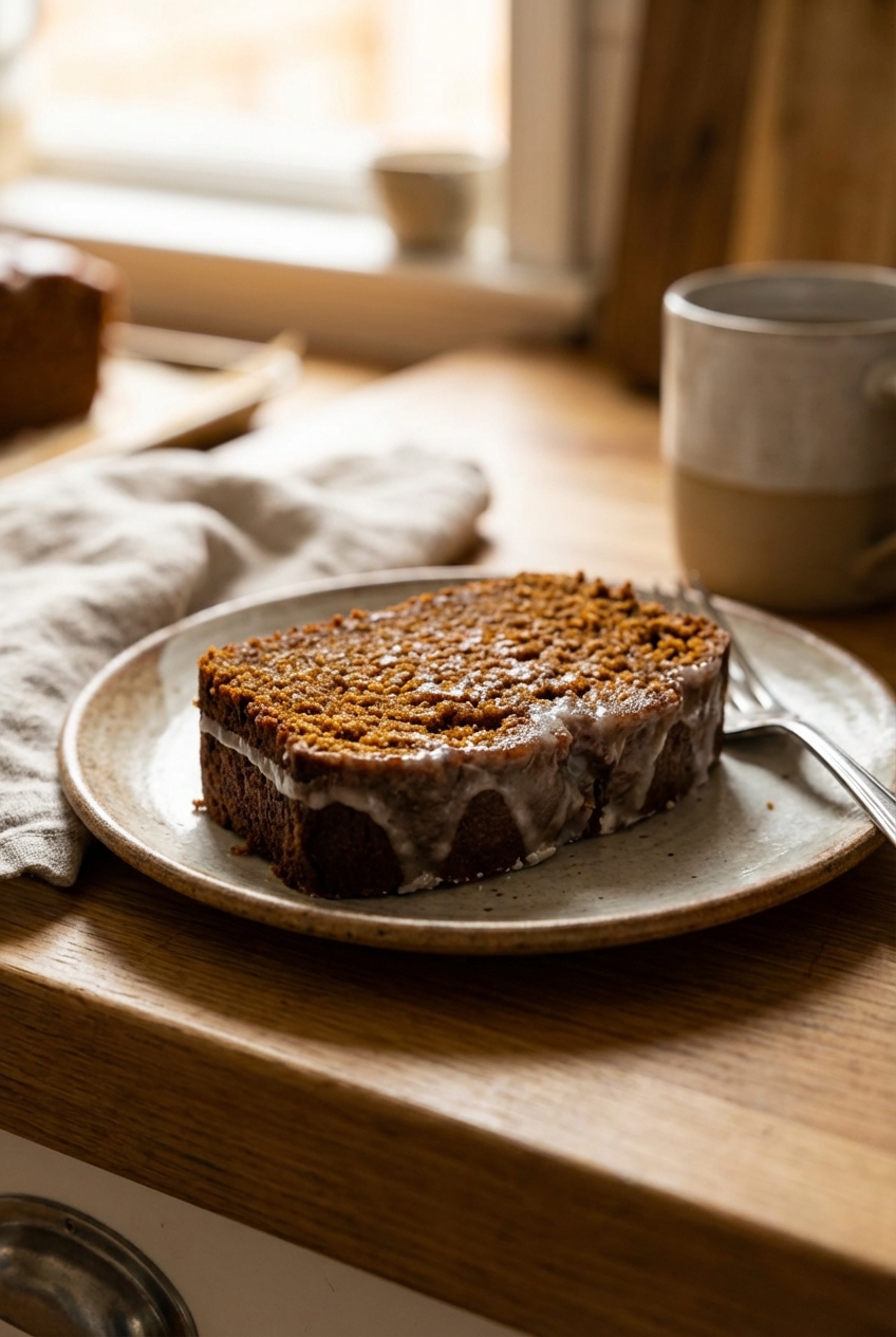 A slice of gingerbread loaf with a light glaze on a plate