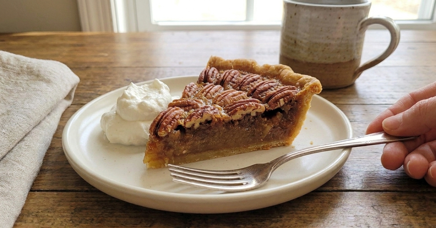 A slice of glossy pecan pie on a dessert plate with a flaky crust and gooey filling, set on a warm kitchen table with soft natural light