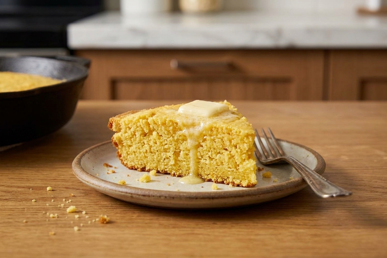 A slice of gluten free cornbread on a small plate with butter melting on top, crumbs visible and a fork beside the plate on a wooden table