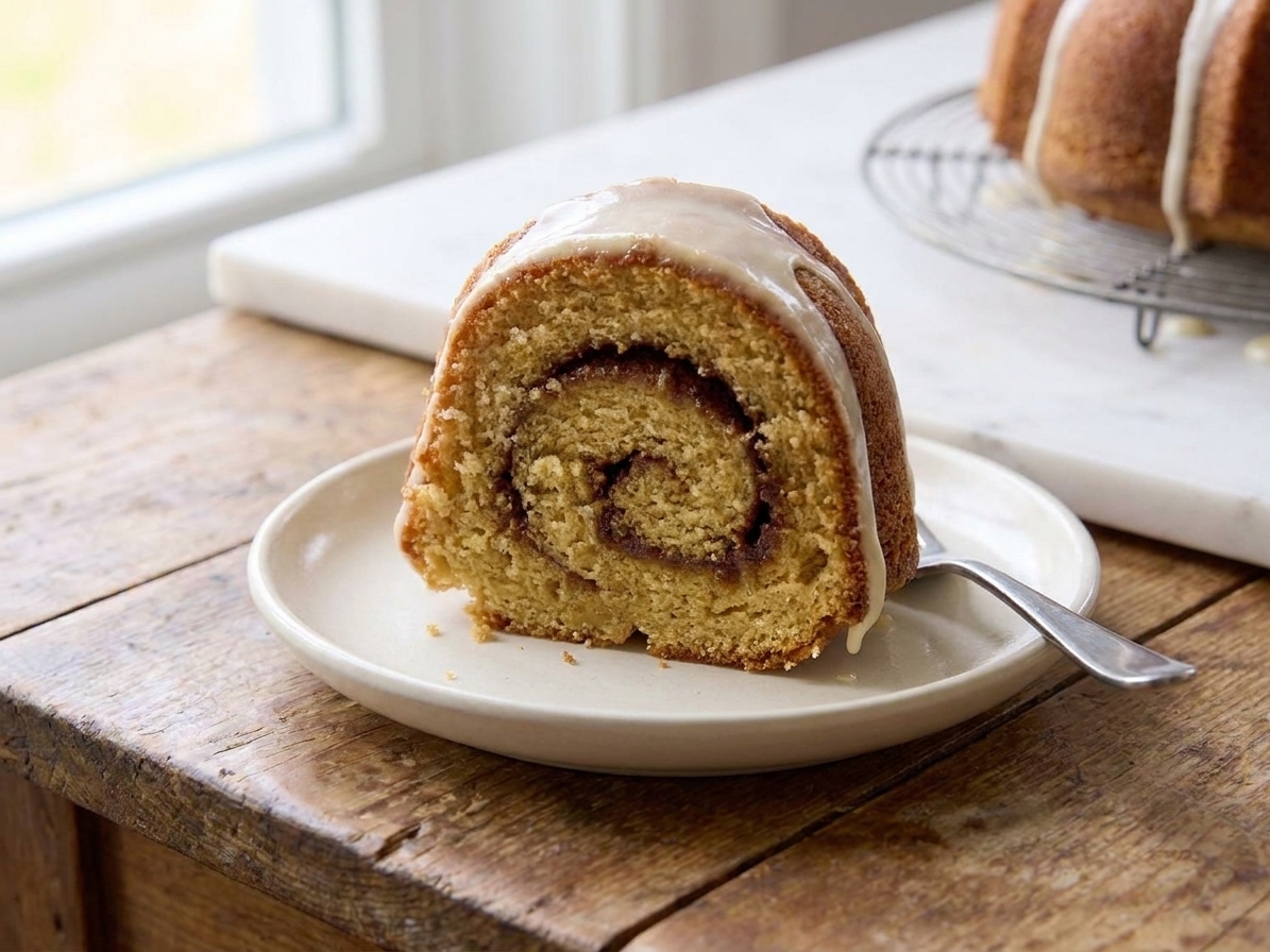 A slice of honey bun cake on a small plate showing a visible cinnamon brown sugar swirl in the center, with a light sheen of vanilla glaze