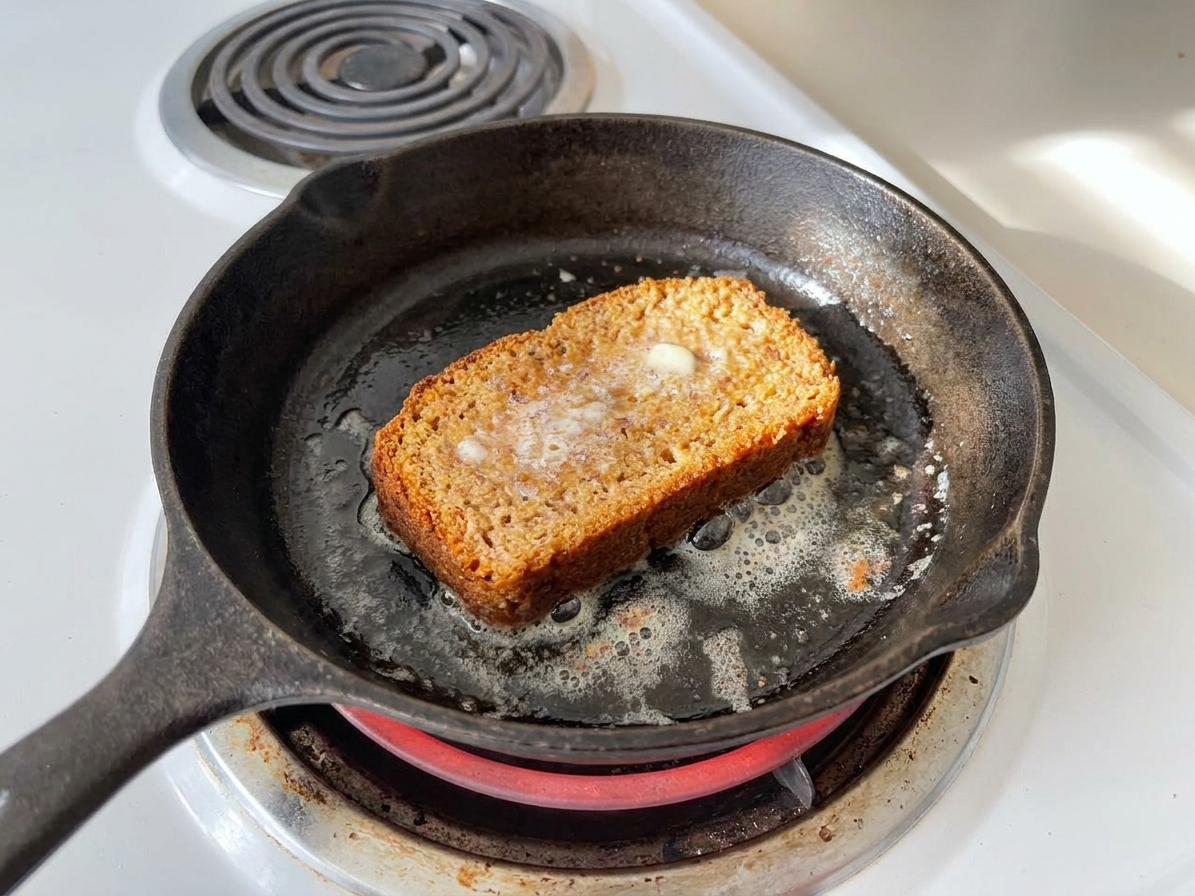 A slice of keto bread toasting in a skillet with melted butter until the edges turn crisp