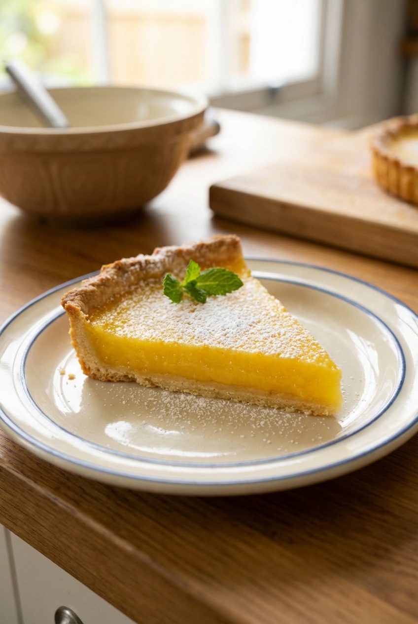 A slice of lemon tart on a dessert plate