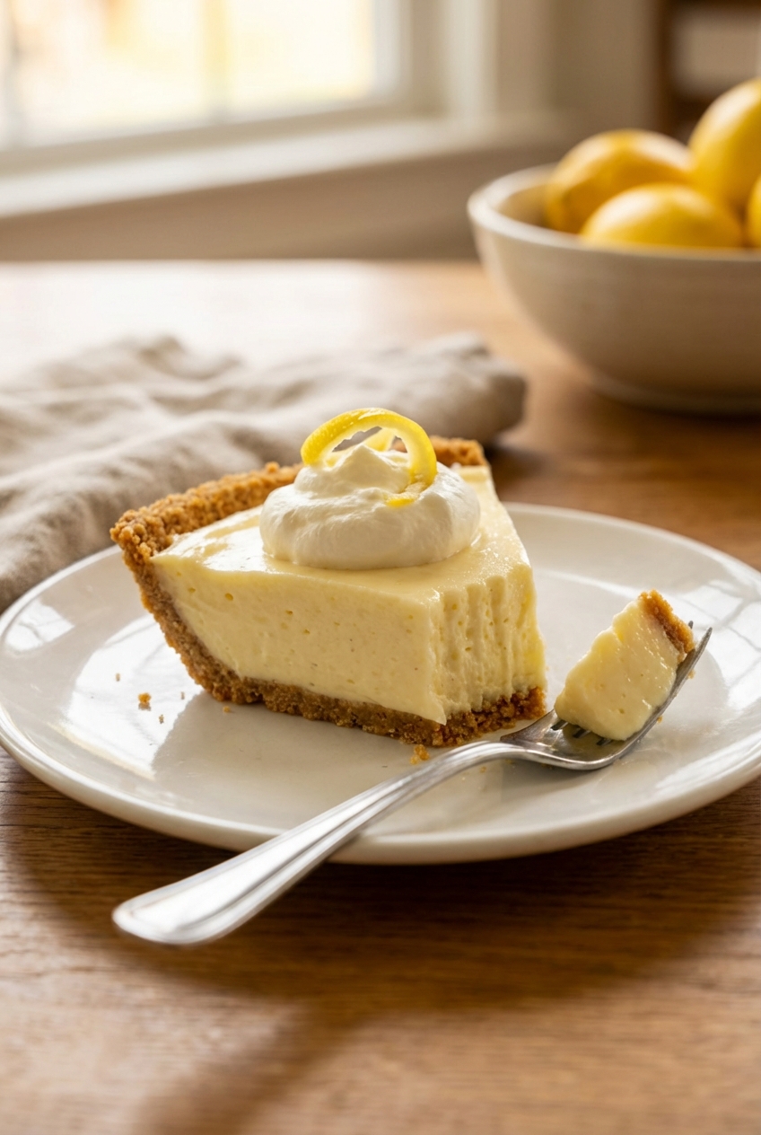 A slice of lemon yogurt pie on a plate with a fork