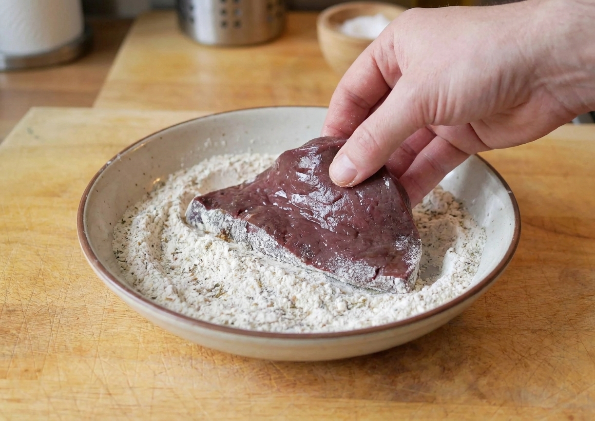 A slice of liver being coated in seasoned flour in a shallow bowl on a kitchen counter
