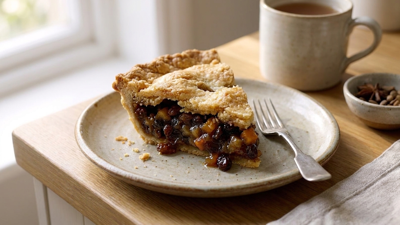 A slice of mince pie with a flaky crust and glossy spiced fruit filling on a dessert plate with a fork