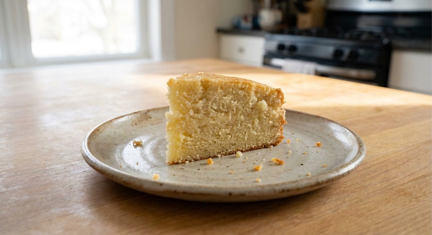 A slice of moist eggless vanilla cake on a ceramic plate with a few crumbs, soft afternoon light on a kitchen table