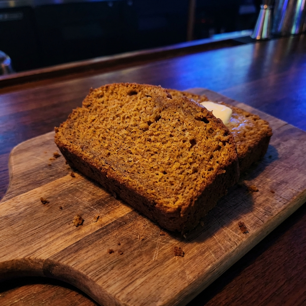 A slice of moist pumpkin bread on a wooden board