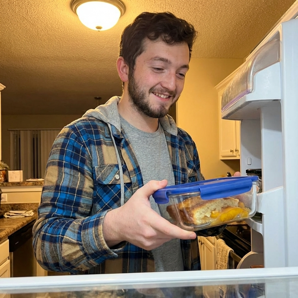 A slice of peach cobbler in a lidded glass container ready to refrigerate