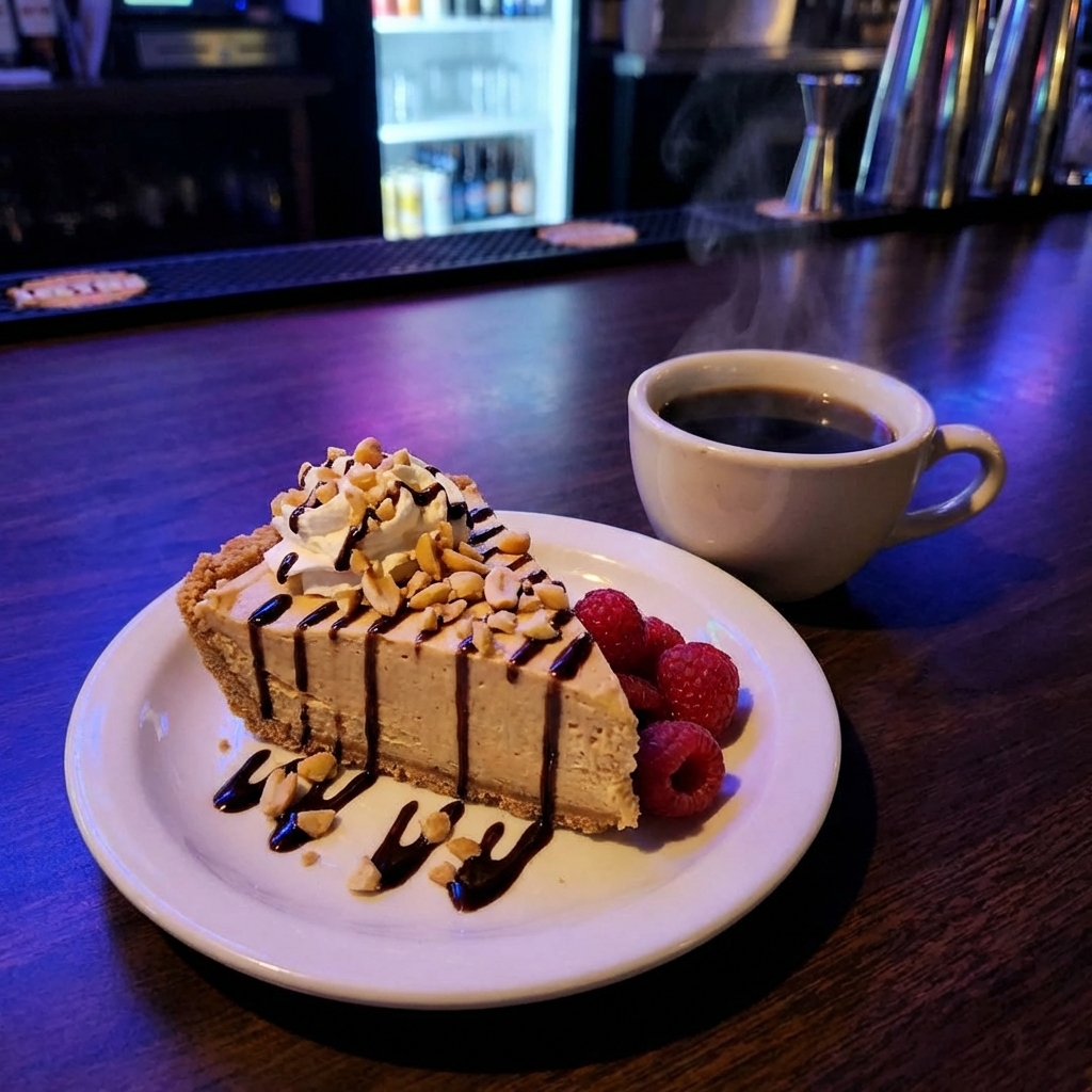 A slice of peanut butter pie served with fresh raspberries and a small cup of coffee on the side