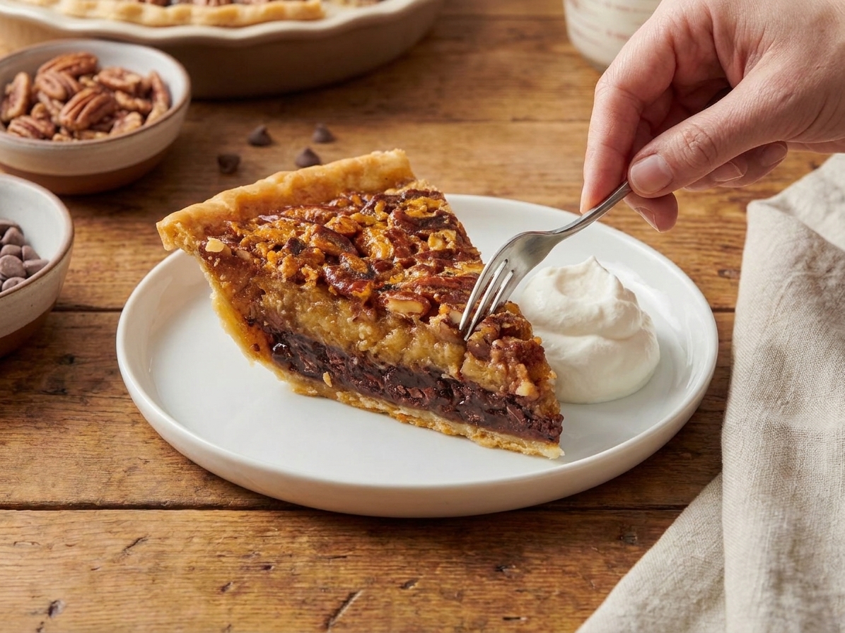 A slice of pecan chocolate pie served on a plate with a dollop of whipped cream beside it on a warmly lit kitchen table