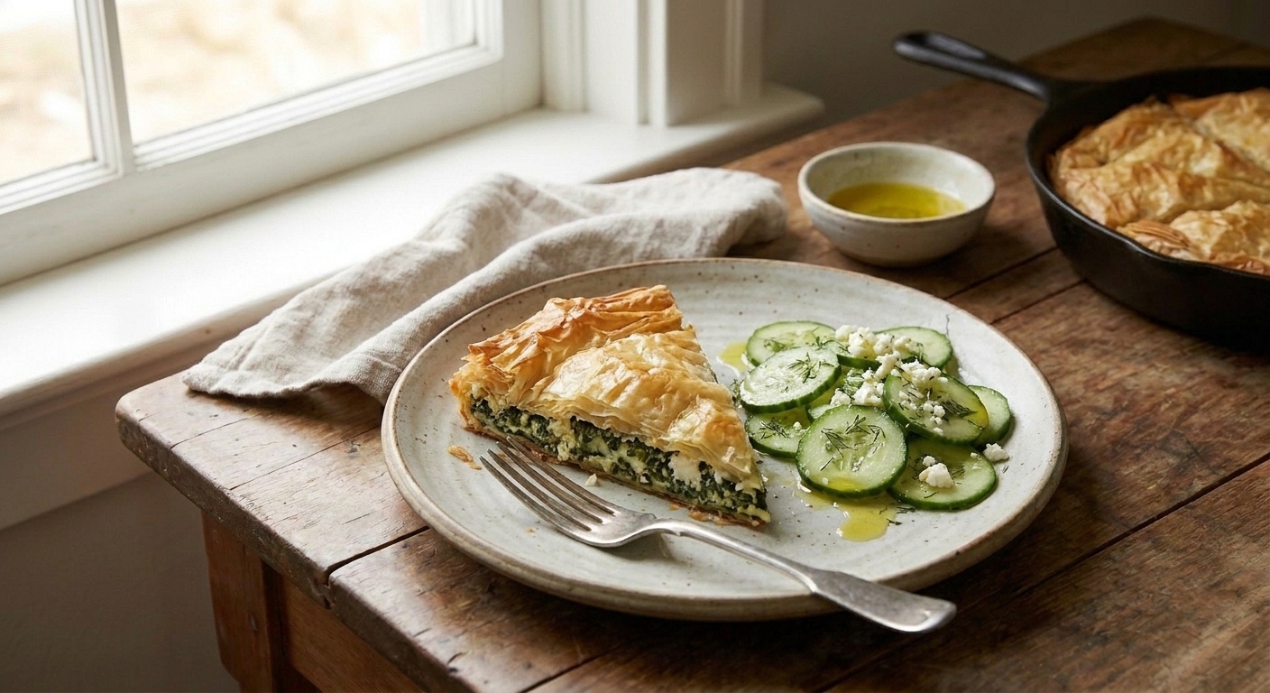A slice of phyllo spinach pie on a plate next to a simple cucumber salad on a wooden dinner table with soft natural light