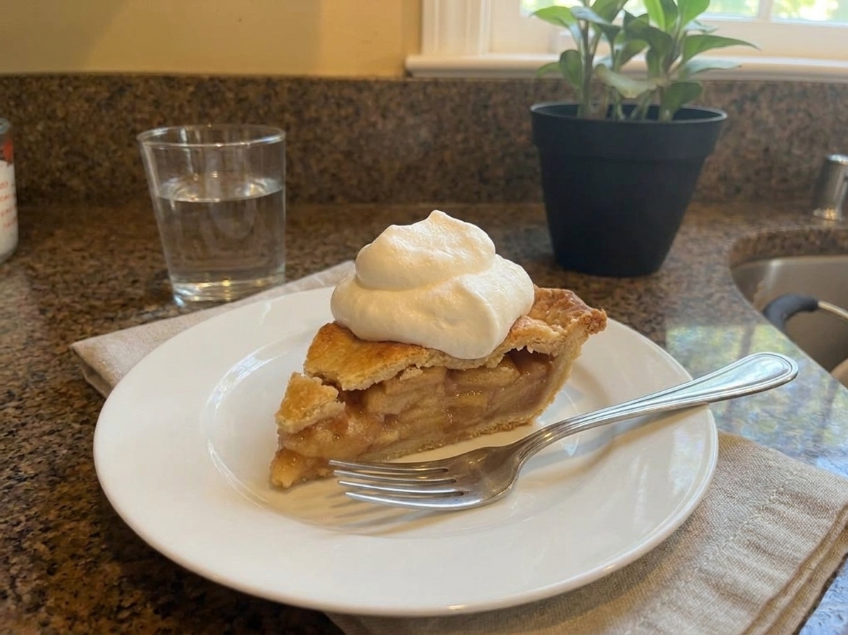 A slice of pie on a plate with a generous dollop of whipped cream on top at a simple table setting