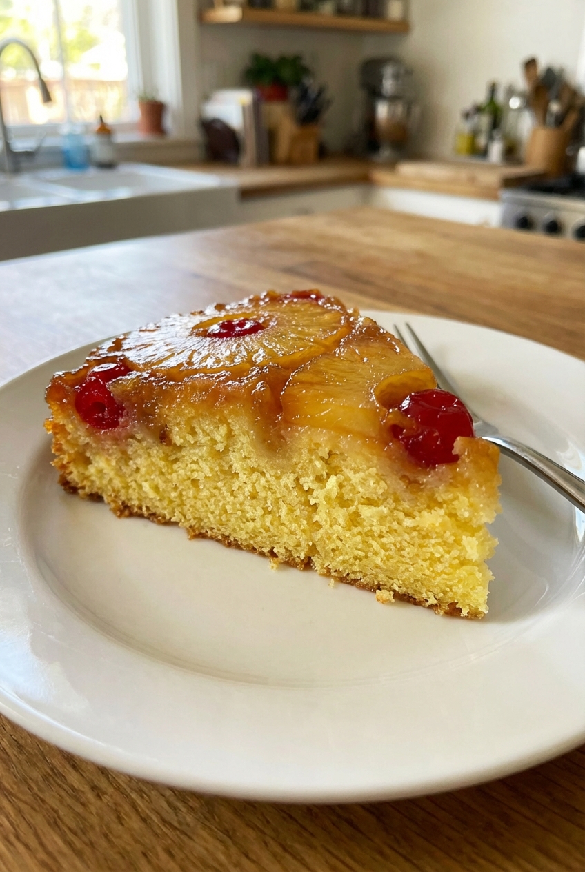 A slice of pineapple upside down cake on a plate showing the caramel topping and tender crumb