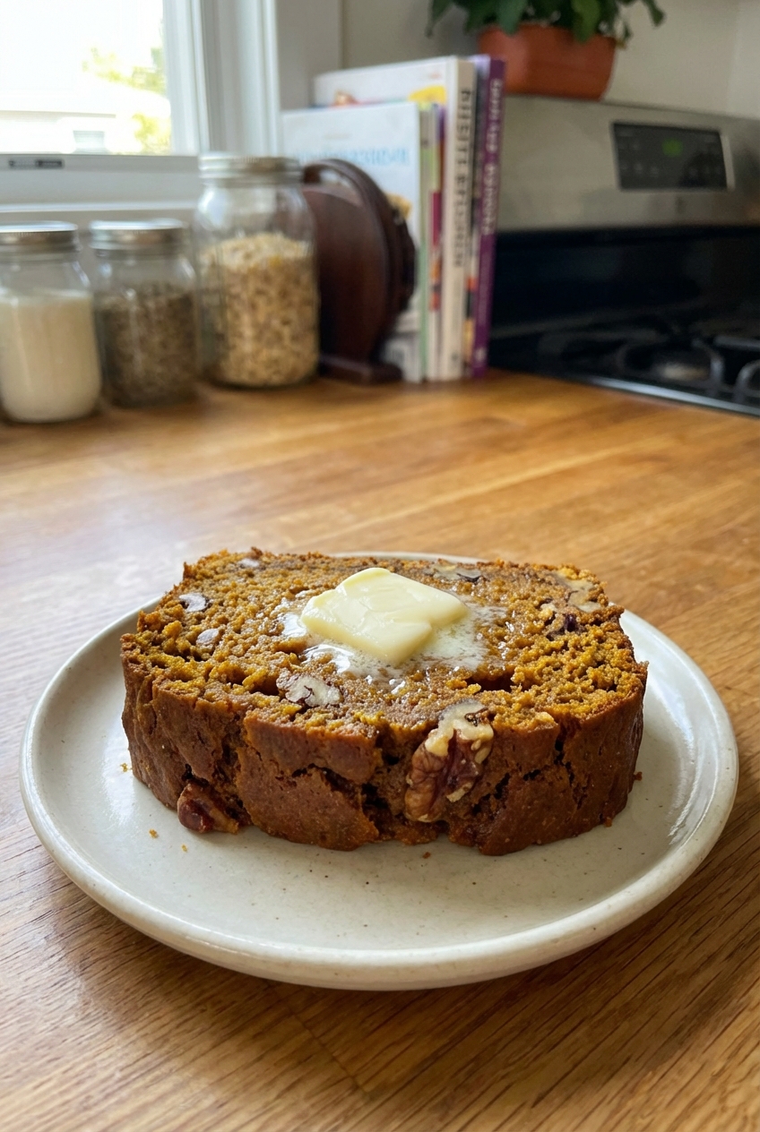 A slice of pumpkin bread on a small plate with butter