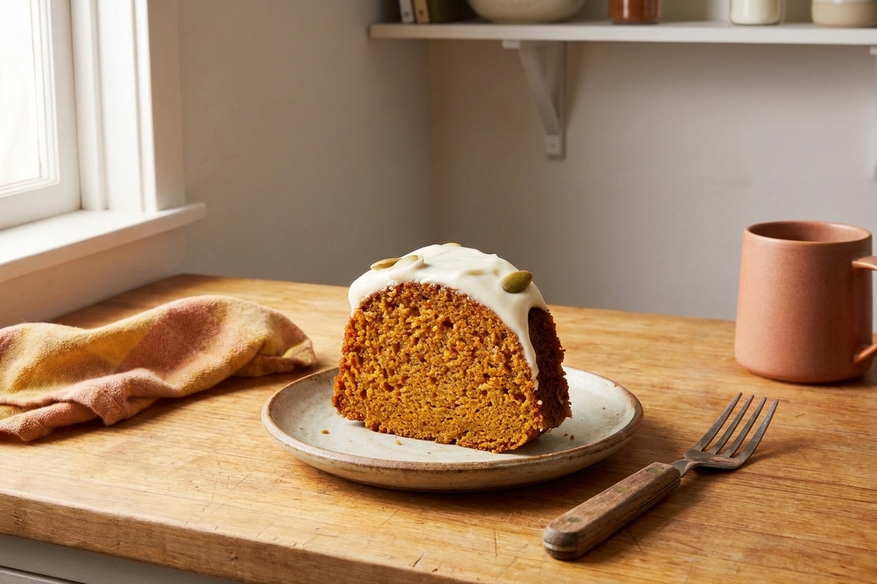 A slice of pumpkin bundt cake on a small plate with a glossy glaze and a fork beside it on a wooden table
