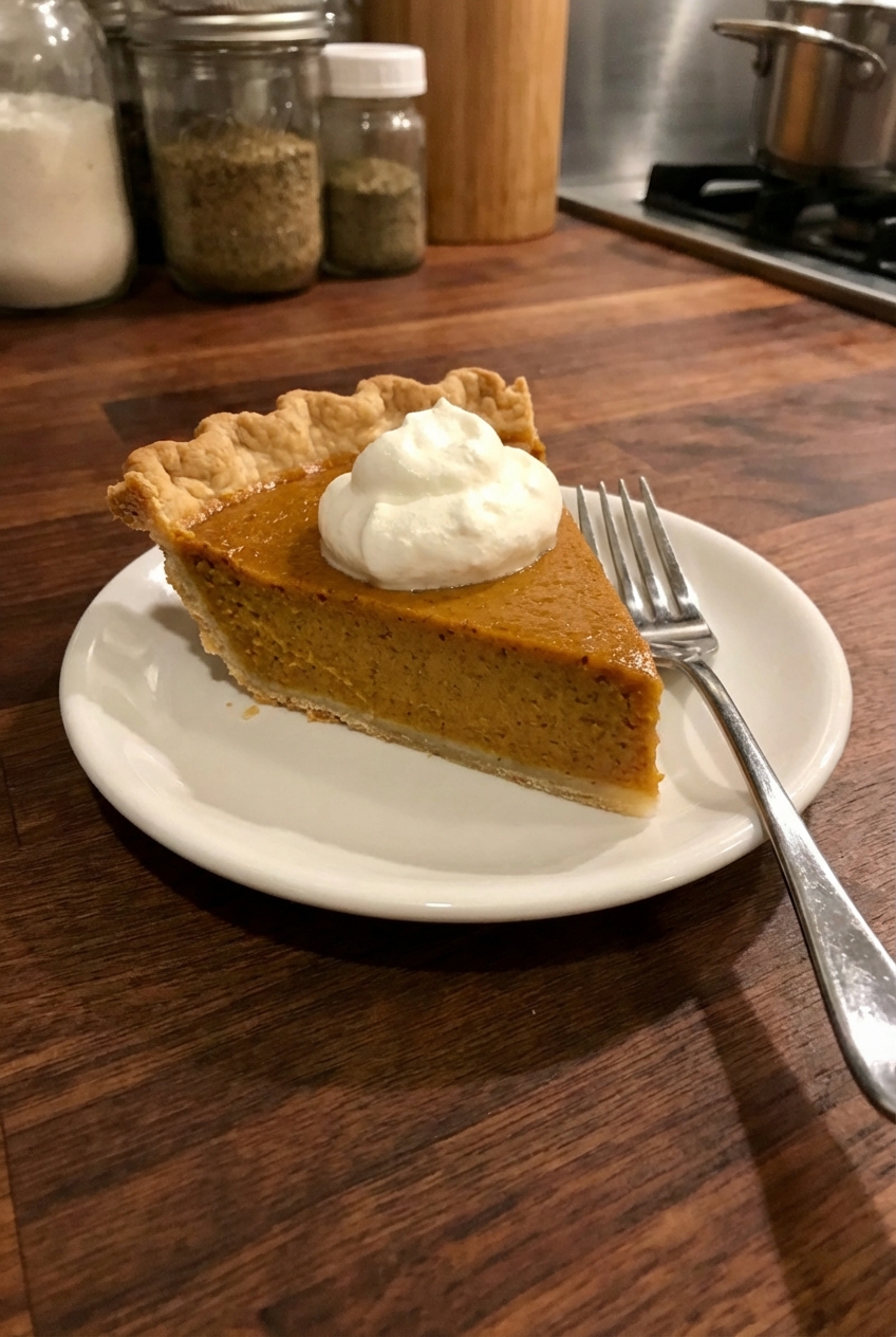 A slice of pumpkin pie on a small plate with a fork resting beside it and a dollop of whipped cream