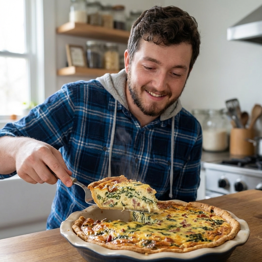 A slice of quiche being lifted from the pie dish with a spatula, showing a creamy interior and browned crust