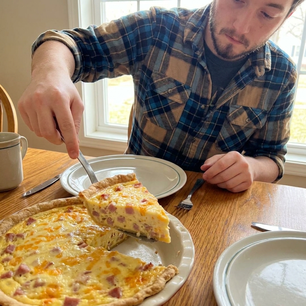 A slice of quiche lifted from the pie with a spatula, showing a creamy set custard with cheese and small pieces of ham, on a breakfast table with plates and a fork, real photograph