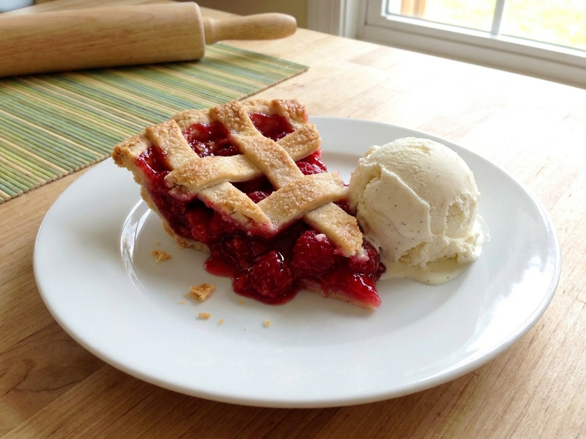 A slice of raspberry pie on a dessert plate with a scoop of vanilla ice cream, crumbs visible, on a simple kitchen table setting