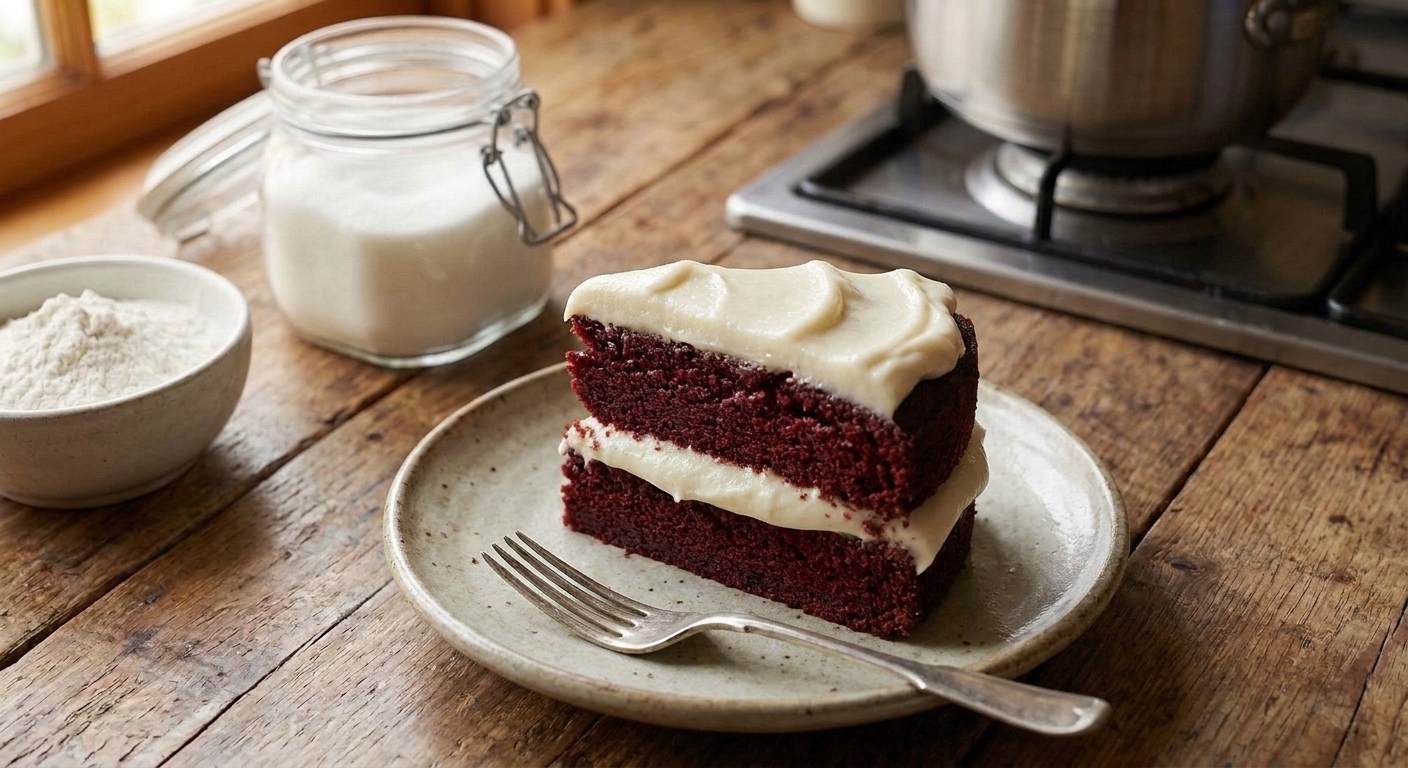 A slice of red velvet layer cake with a thick swoop of smooth white ermine frosting on a ceramic plate on a warm-toned kitchen table
