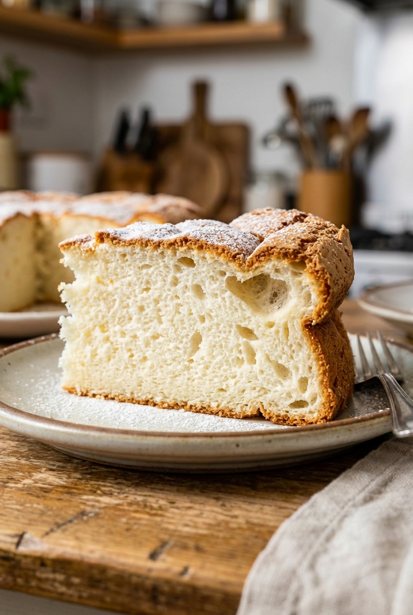 A slice of rustic cloud cake on a plate showing a light, airy crumb with a golden crust