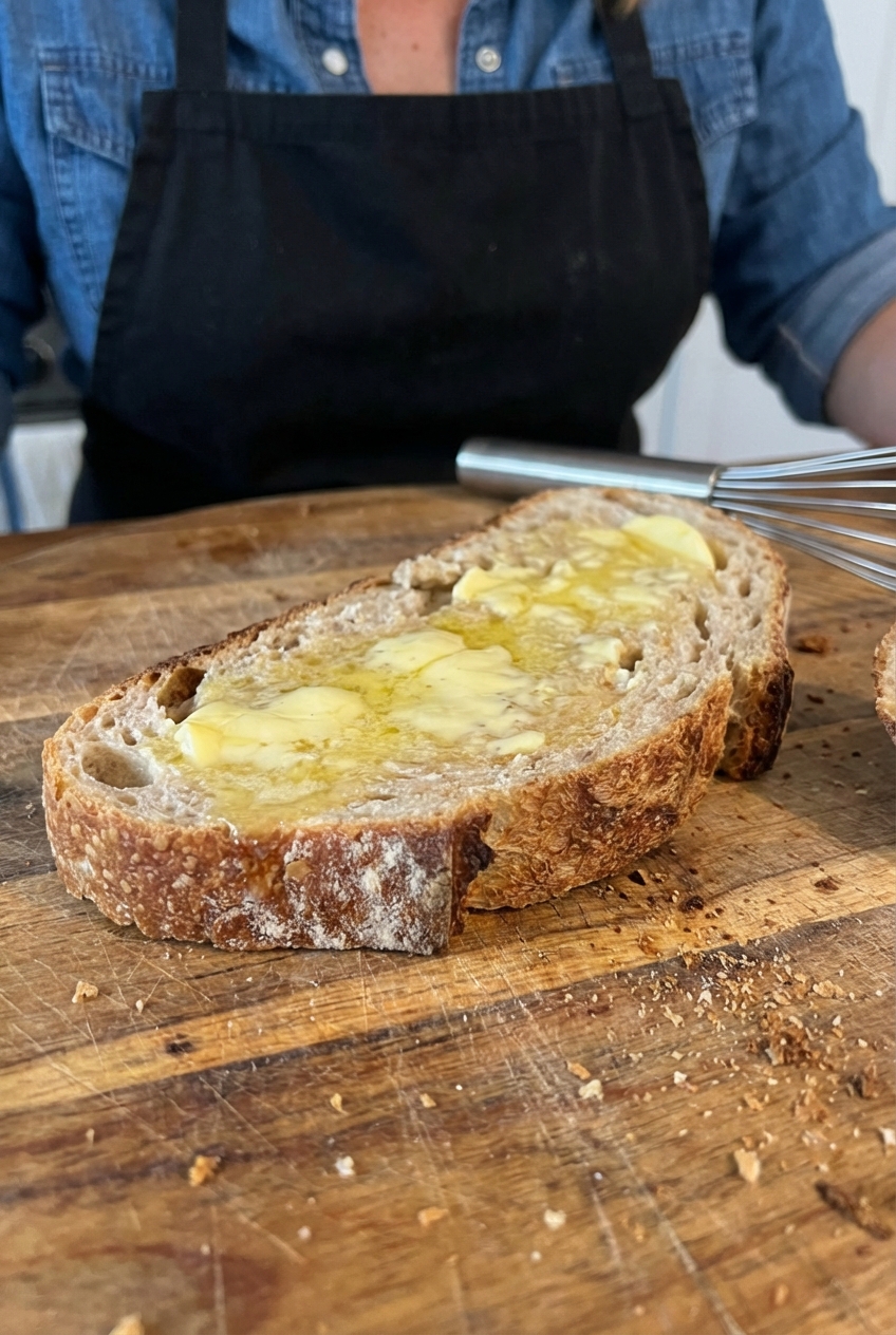 A slice of rustic crusty bread with butter on a cutting board