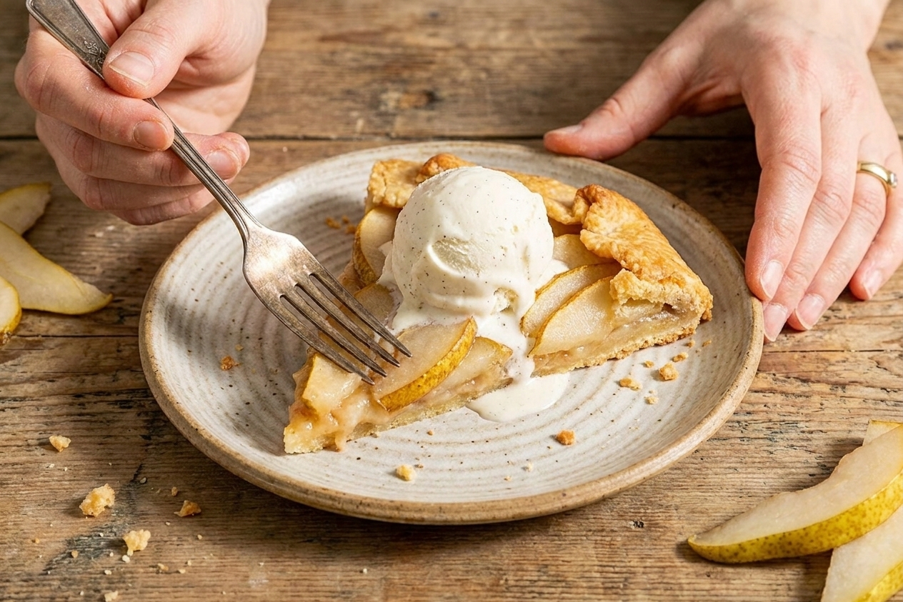 A slice of rustic pear tart on a ceramic plate with a scoop of vanilla ice cream on a wooden table setting