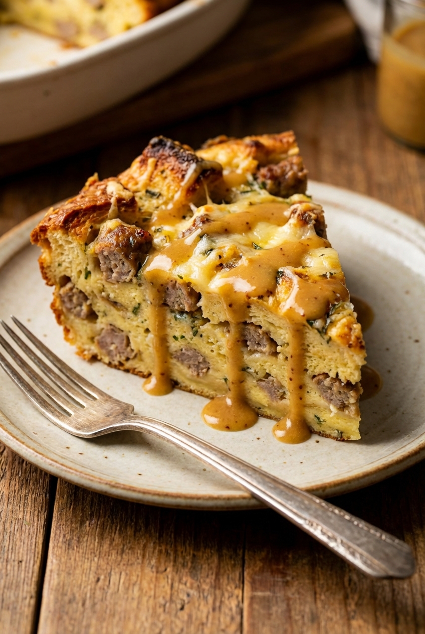 A slice of savory bread pudding on a plate with maple mustard drizzle and a fork