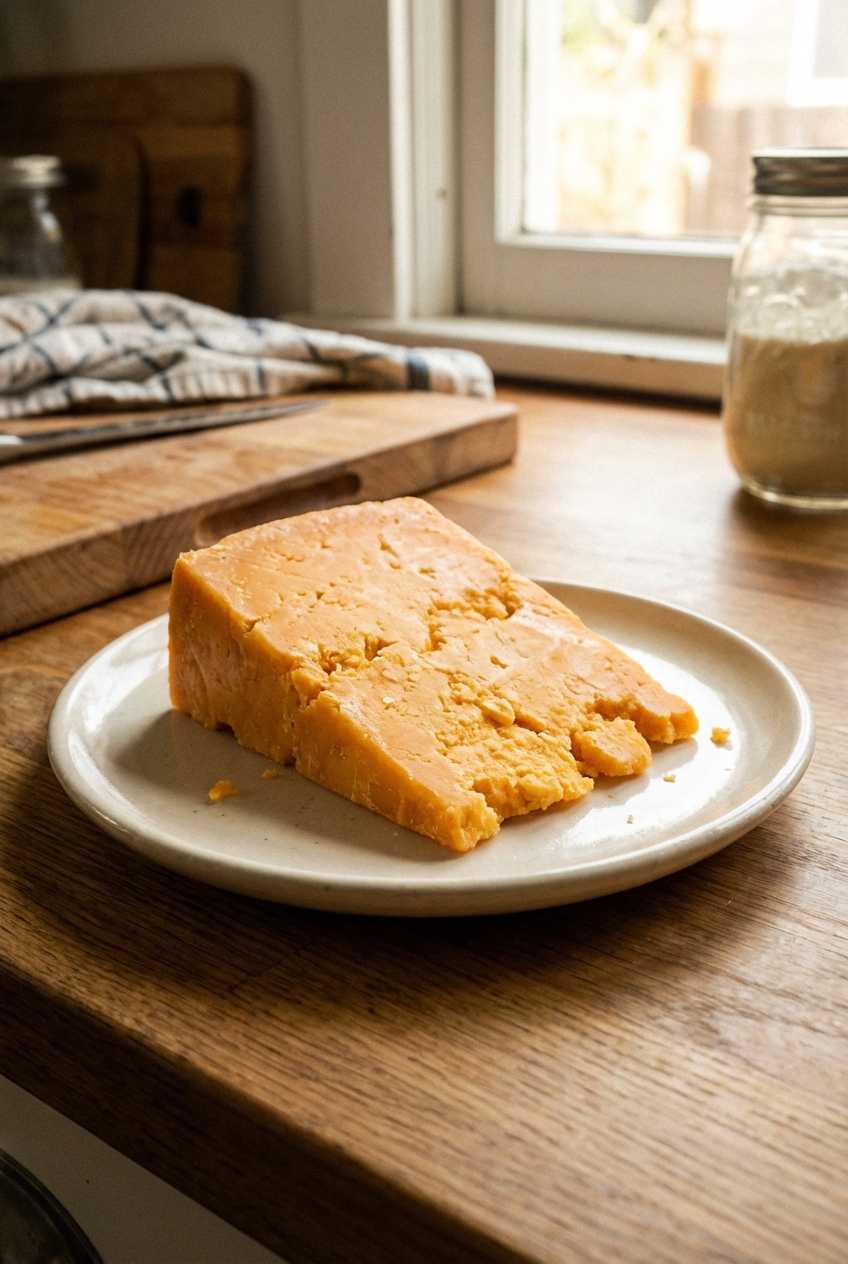 A slice of sharp cheddar cheese on a small plate
