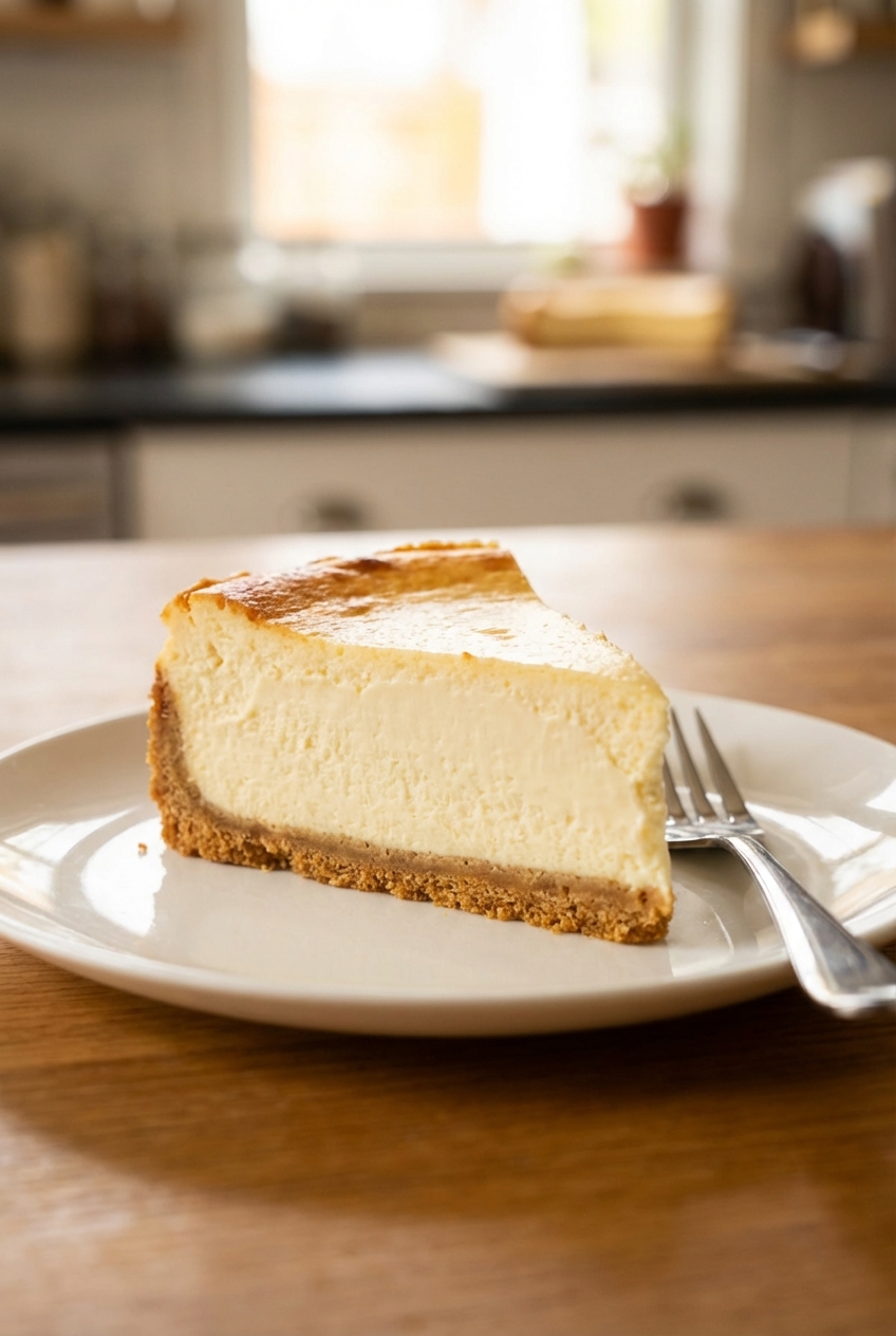 A slice of smooth creamy classic cheesecake with a graham cracker crust on a white plate, with a fork beside it