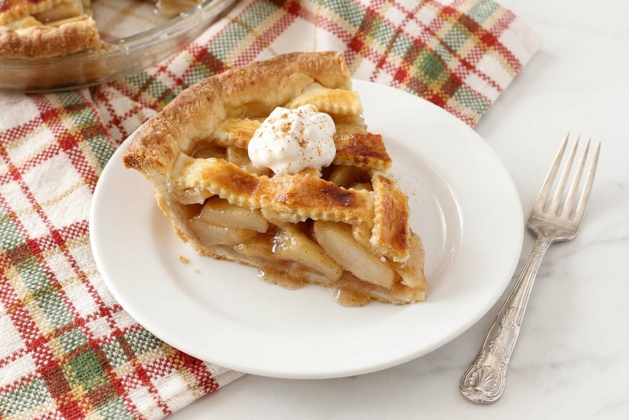 A slice of spiced pear pie on a dessert plate with visible tender pear slices and a flaky crust
