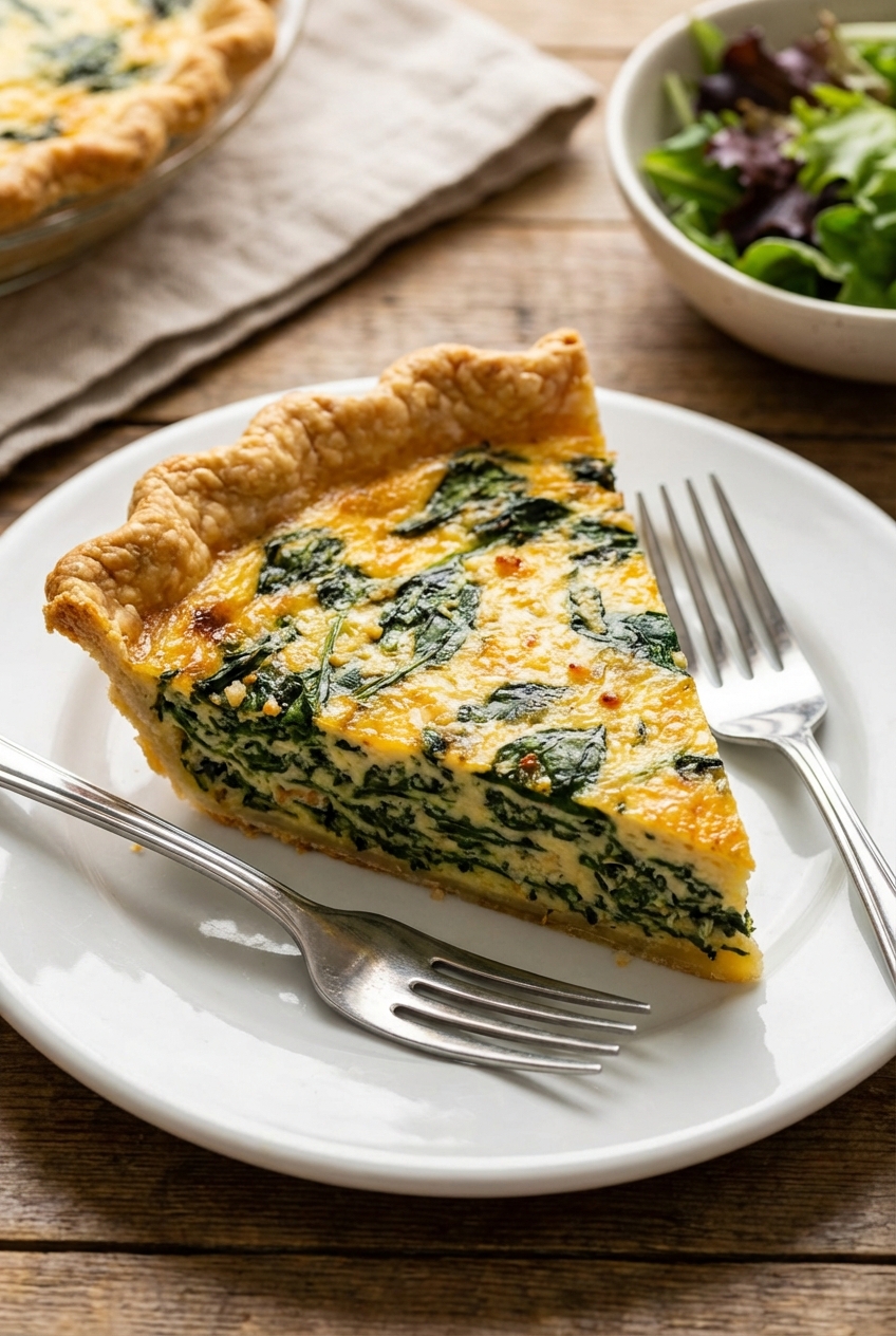 A slice of spinach quiche on a plate with a fork, showing a set custard and flaky crust