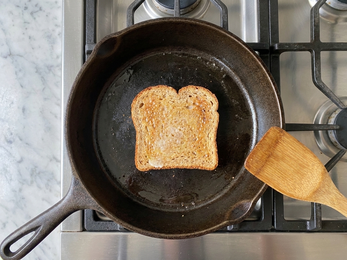 A slice of sprouted grain bread toasting in a skillet with a thin sheen of butter, edges turning golden on a stovetop in a home kitchen